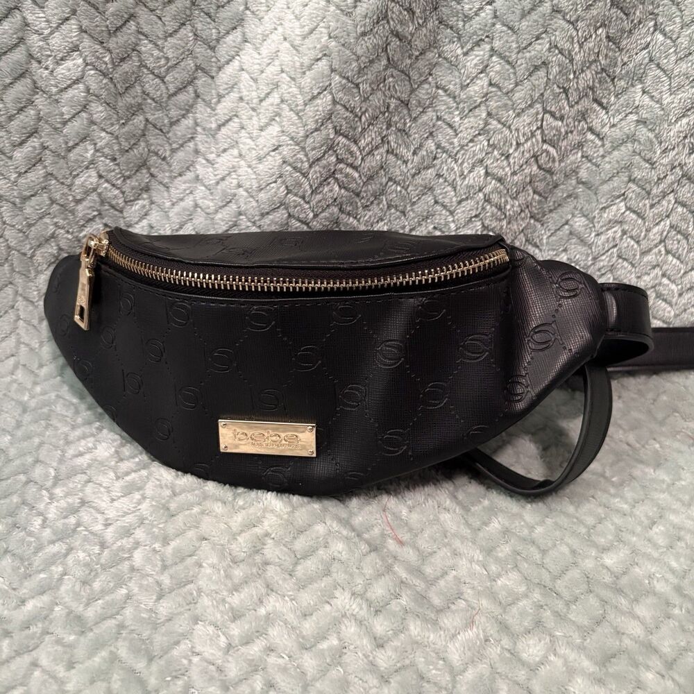 bebe Monogram Logo Belt Bag Fanny Pack | Black & Gold | Vegan Leather Waist Bag